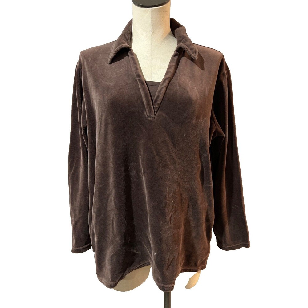 Classic Elements Women's Vintage Chocolate Velour Polo Top size XL Y2K Lagenlook